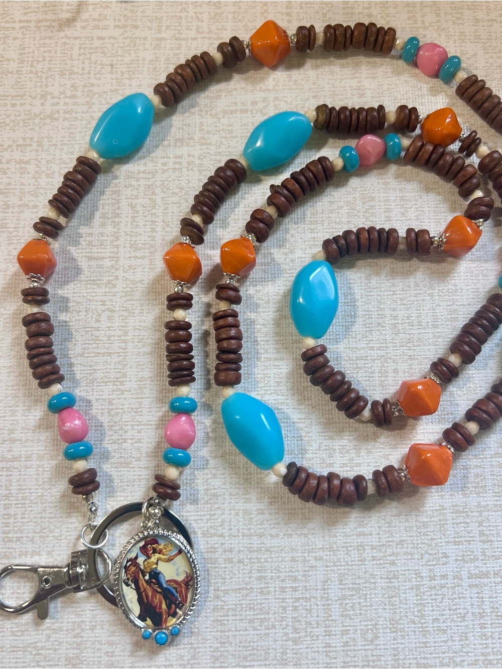 Beaded Lanyard with Turquoise, Orange & Pink Accents